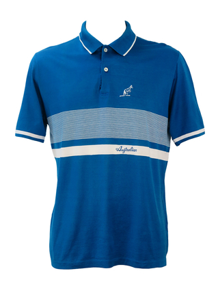 Teal Blue Australian Polo Shirt with White Striped Pattern - M/L