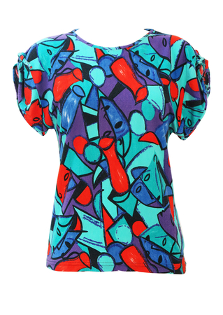 Vintage 80's Top with Multicoloured Abstract Faces & Adjustable Sleeves - S/M