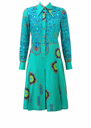 Vintage 70's Jade Long Sleeved Midi Shirt Dress with Blue, Orange, Purple & Yellow Batik Pattern - M/L