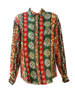 Vintage 90's Oversized Silk Shirt with Green, Russet & Yellow Ethnic Pattern - M/L