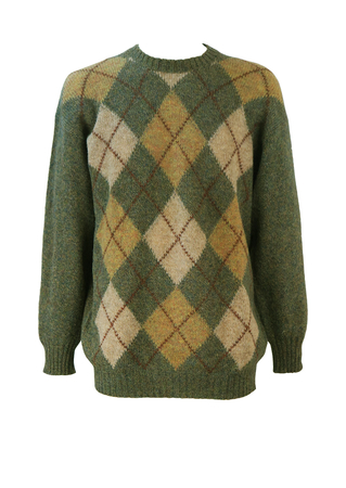 Scottish Pure Wool Knit Jumper with Mottled Green & Brown Argyle ...
