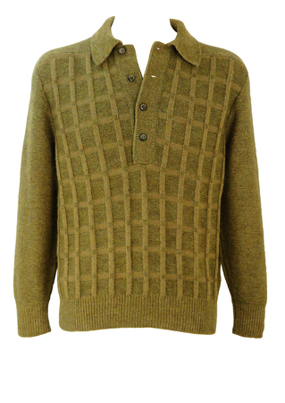 Mottled Green & Brown Jumper with Textured Grid Pattern & Button Neck and Collar Detail - S/M