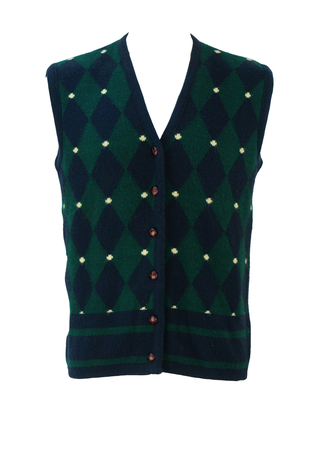 Navy Blue & Green Argyle Knit Waistcoat - L