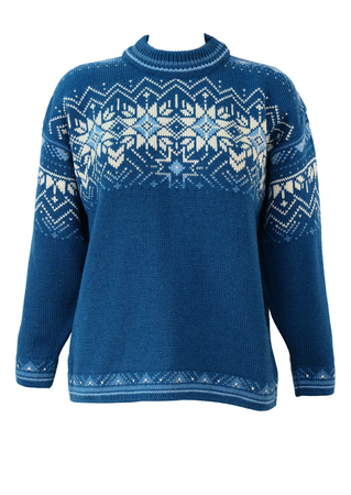 Genuine Norwegian Pure Wool Blue Jumper with Snowflake Pattern - M/L