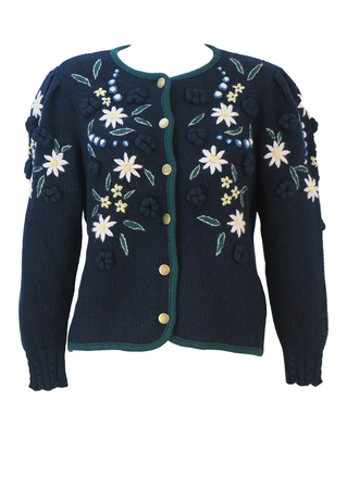 Tyrolean Navy Blue Wool Cardigan with White, Blue & Green Embroidered Floral Pattern & Puff Sleeves - M/L
