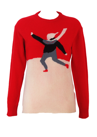 Vintage Kappa Red & White Lambswool Jumper with Ice skater Imagery - M