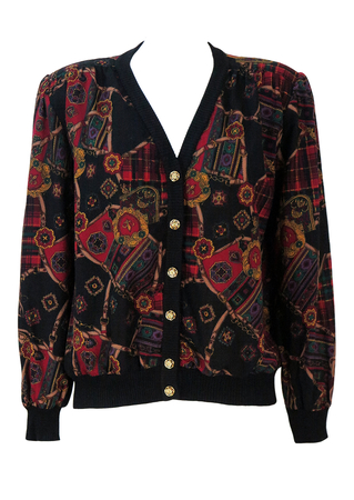 Black Cardigan with Equestrian & Tartan Pattern in Red, Green, Purple and Gold - L