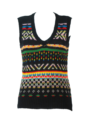 Black Tank Top with Multicoloured Striped Pattern in Red, Yellow, Blue, Green & Pink - S/M