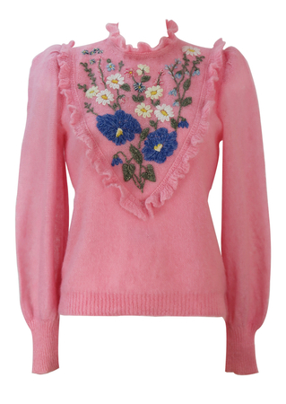 Soft Pink Jumper with Blue, Green, White & Pink Floral Embroidery & Frill Detail - S/M