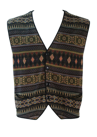 Charcoal Grey Knit Waistcoat with Brown, Green & Russet Ethnic Style Pattern - L