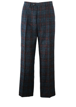 Grey Pure Virgin Wool Trousers with Orange, Purple, Green & Blue Fleck Check Pattern - W36"
