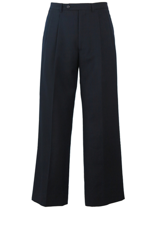 Navy Blue Pleat Front Wool Trousers - W35"