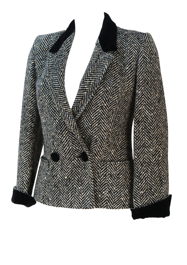 Black & White Herringbone Tweed Fitted Jacket with Black Velvet Collar