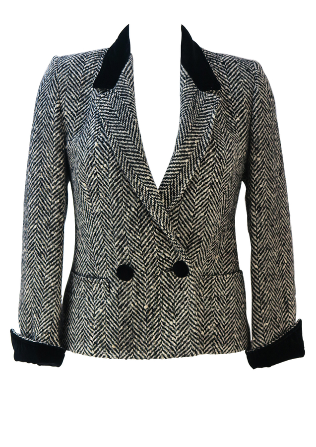 Black & White Herringbone Tweed Fitted Jacket with Black Velvet Collar