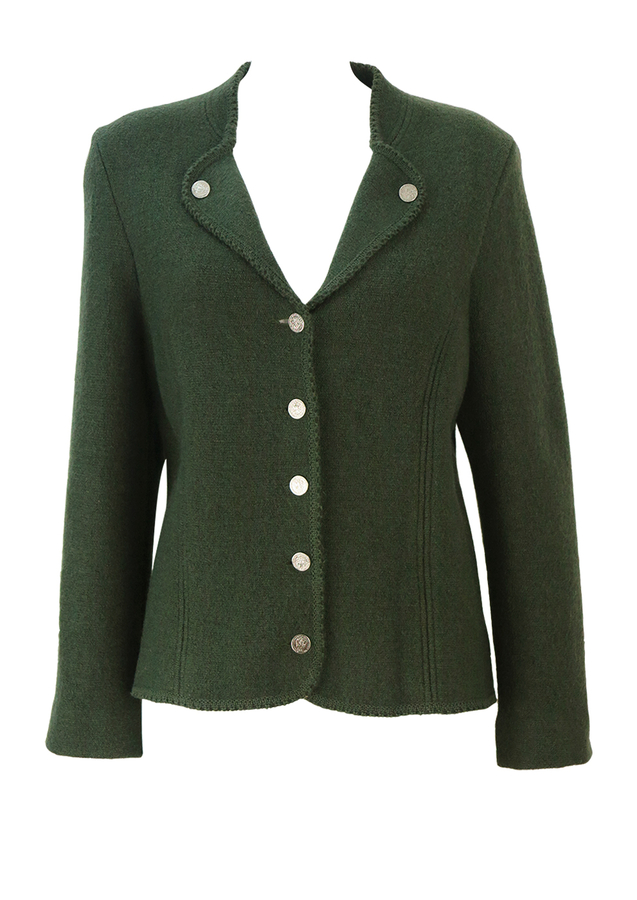 Tyrolean Pure Wool Woodland Green Knit Jacket with Coin Buttons L