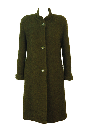 Olive Green Textured Wool Coat with Feature Buttons - M