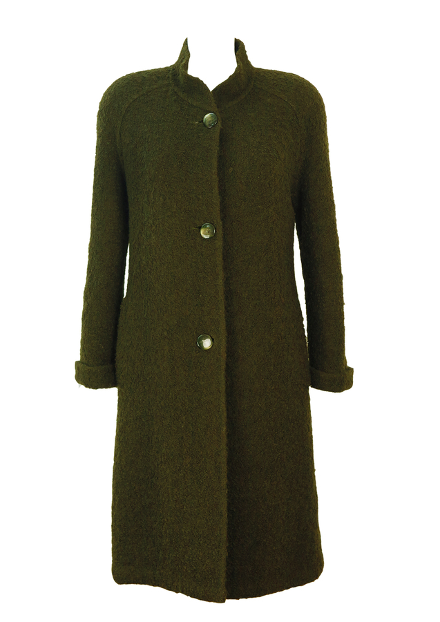 Olive Green Textured Wool Coat with Feature Buttons M Reign Vintage
