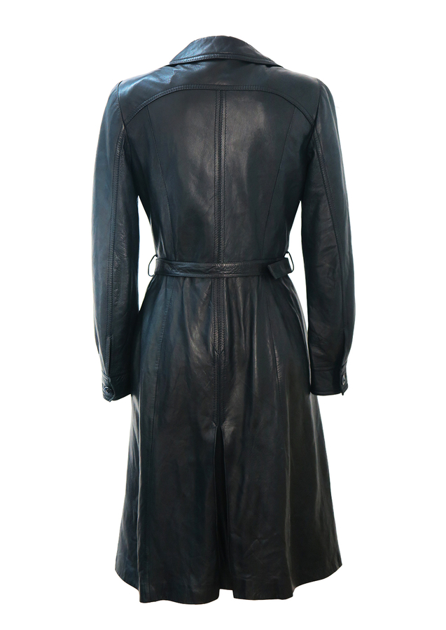 Vintage 70's Navy Blue Belted Leather Coat with Pleat Detail - S ...