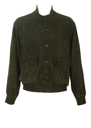 Olive Green Soft Suede Buttoned Bomber Jacket - L