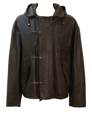 Brown Leather Multi Pocket Jacket with Metal Clasp Detail & Detachable Hood - L/XL