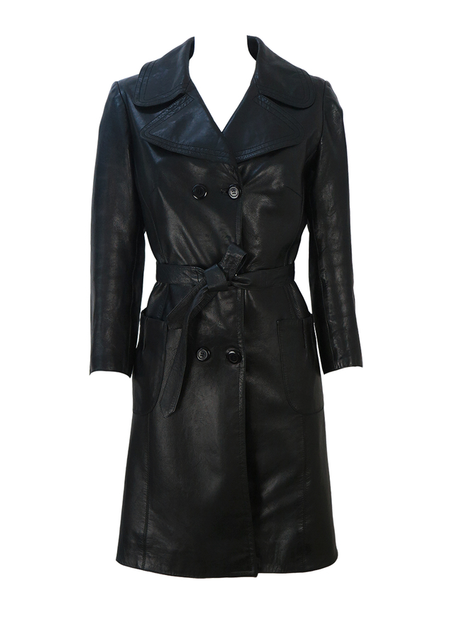 Vintage 70's Black Double Breasted Leather Trench Coat - S/M | Reign ...
