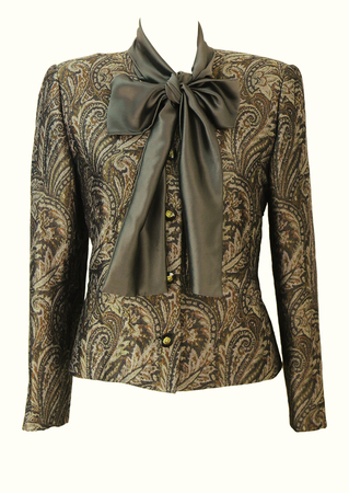 Tailored Jacket with Taupe Pussy Bow and Grey, Brown & Metallic Gold Paisley Pattern - M