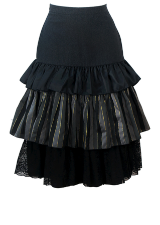 Grey, Black & Gold Multi Fabric Ruffled Ra Ra Midi Skirt - S
