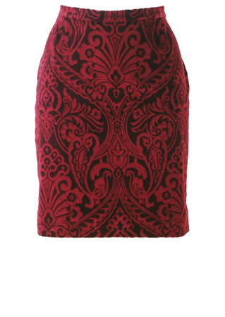 Dolce & Gabbana Rococo Patterned, Burgundy Above the Knee Velvet Textured Skirt - S/M