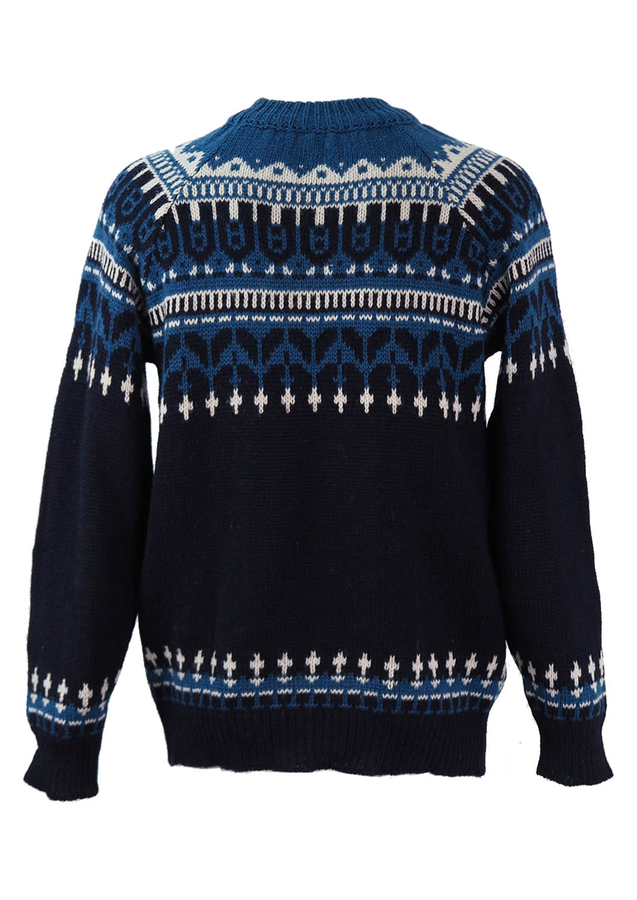 Navy Blue Wool Jumper with Nordic Style Pattern - M/L | Reign Vintage