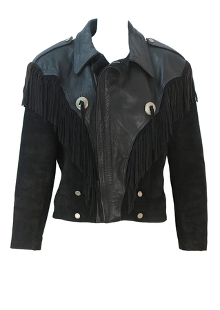 Vintage 90's Black Suede & Leather Western Style Jacket with Fringe Detail - S/M