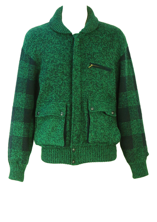 Wool Knit Bomber Jacket with Mottled Green & Blue Pattern - M/L
