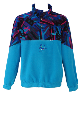 Fila Ski Team Italia Turquoise Blue Fleece Top with Pink, Purple, Green & Blue Graphic Panel Pattern - L