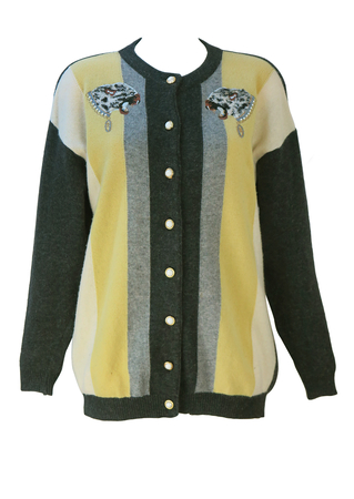 Yellow, Grey & Cream Striped Cardigan with Applique Leopard Heads & Pearl Buttons - M/L