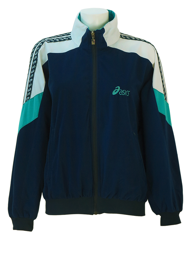 Asics Navy Blue Velour Track Jacket with Turquoise Blue & White Sleeve