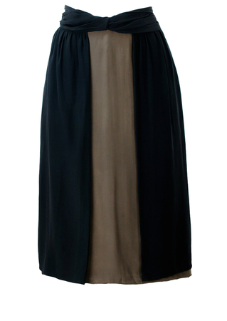 Pancaldi & B Pure Silk Black & Olive Layered Midi Skirt with Ruched Waistband - S/M