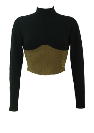 Oaks by Ferre Long Sleeved Black & Khaki Fitted Corset Style Crop Top - XS/S