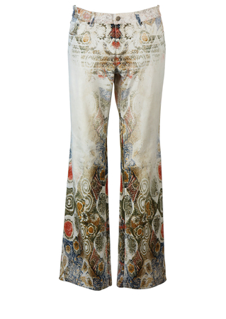 Roberto Cavalli Men's Cream Coloured Jeans with Olive, Ochre, Russet & Blue Ethnic Pattern - W34"