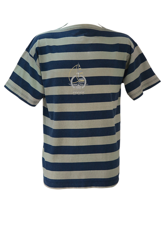 Trussardi Sport Blue & Grey Striped T-Shirt with Slash Neck - L