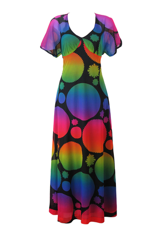 Vintage 70's Black Maxi Dress with Multicoloured Psychedelic Circle Pattern - M