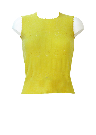 Vintage 60's Lemon Yellow Sleeveless Knit Top with Cut Out Pattern Detail - S