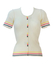 Vintage 70's Short Sleeved White Knit Top with Yellow, Red & Blue Stripe and Button Detail - XS/S