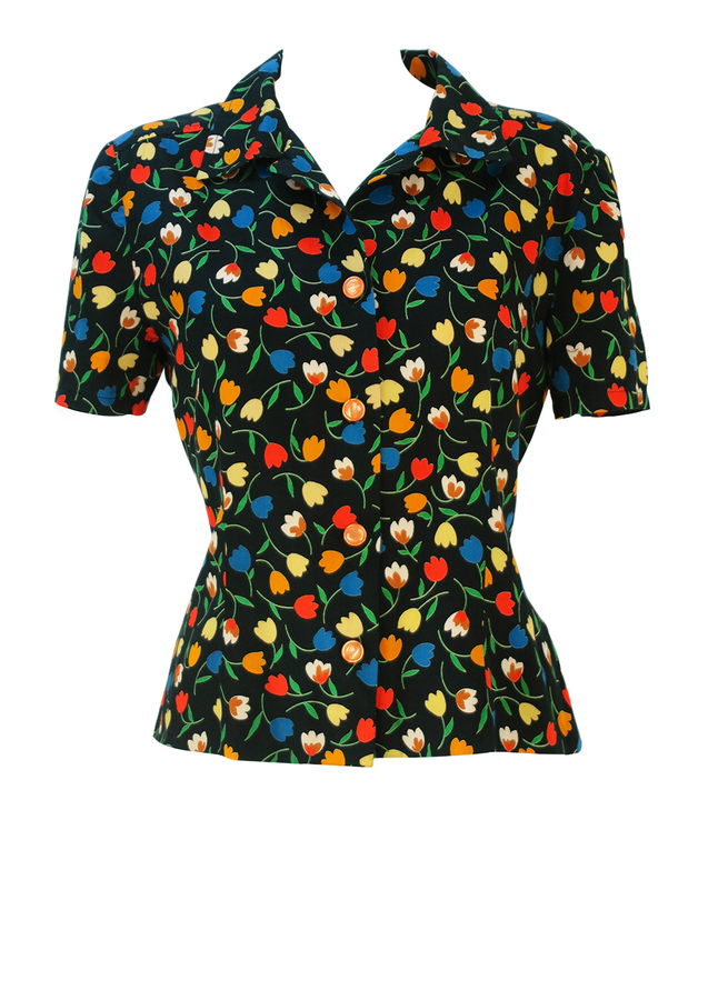 Vintage 60’s Short Sleeved Black Blouse with Multicoloured Floral Tulip ...