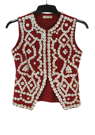 Pearly King & Queen Style Burgundy Red Waistcoat with White Mother of Pearl Buttons - XS