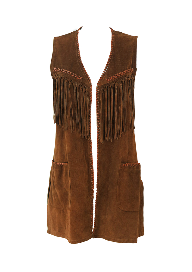 Hippy Boho Style 3/4 Length Brown Suede Waistcoat with Fringe Tassels & Stitch Detail M