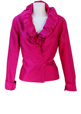 100% Silk Fuchsia Pink Wrap Around Long Sleeved Top with Ruched Collar Detail - S/M