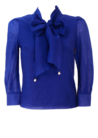 Royal Blue Pussy Bow Blouse with Pearl & Sheer Sleeves Detail - M