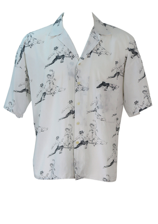 White Short Sleeved Shirt with Pencil Drawing Flamenco Dancers Pattern - M/L