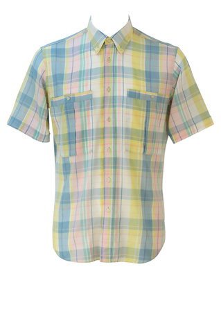 Short Sleeved Check Shirt in Yellow, Blue, Pink & Green Pastel Tones - M/L
