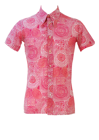 Vintage 60's Short Sleeved Shirt with Fuchsia Pink, Peach & White Psychedelic Print - S