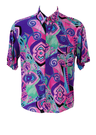 Vintage 90's Short Sleeved Shirt with Purple, Pink, Green & Turquoise Abstract Pattern - M/L